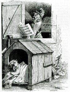 Cachorro dormindo e cantando galo, da &39;Vida Pública e Privada dos Animais&39; de J. Thomson de English School